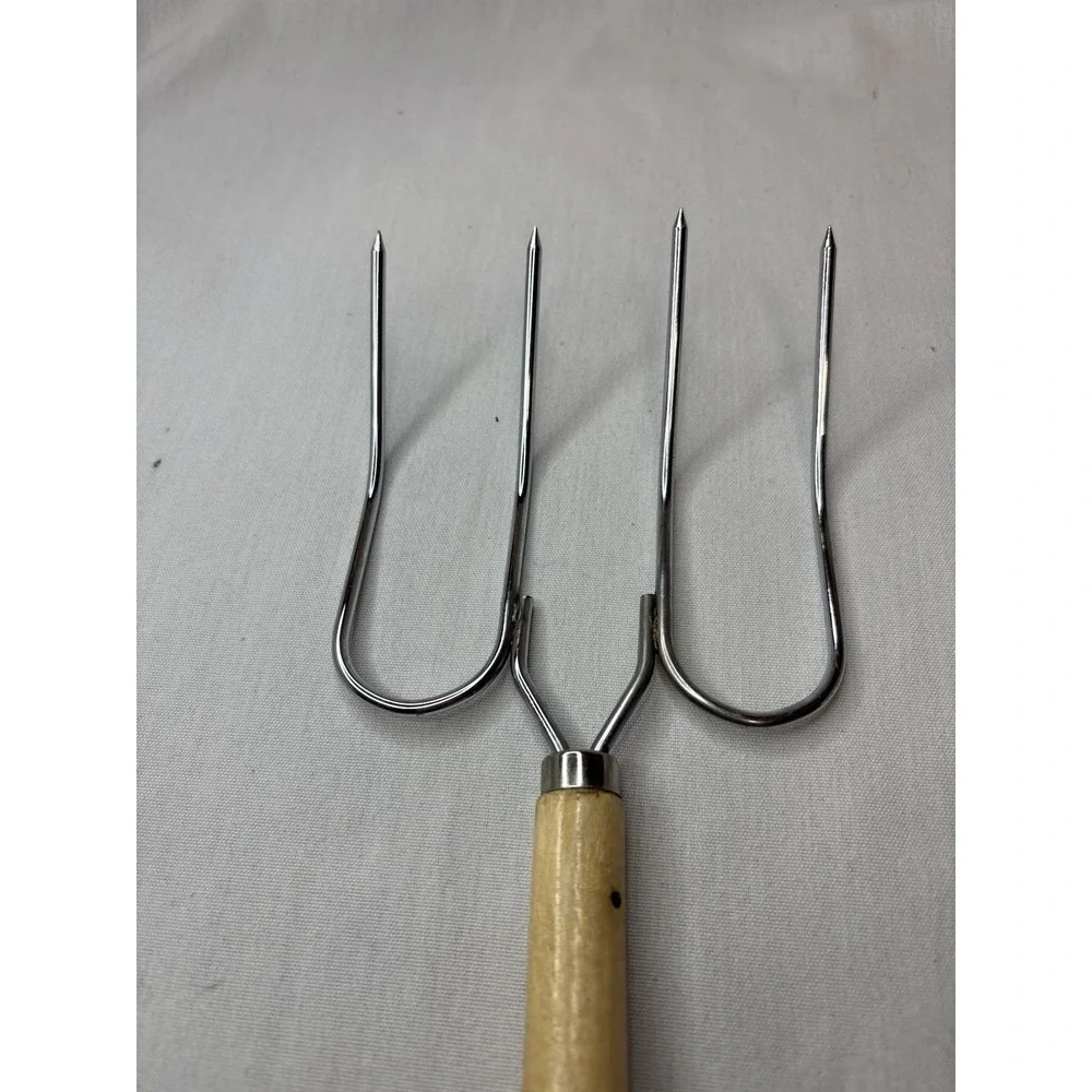 Four-Pronged Meat Fork with Wood Handle, Leather Strap, Approx. 10in